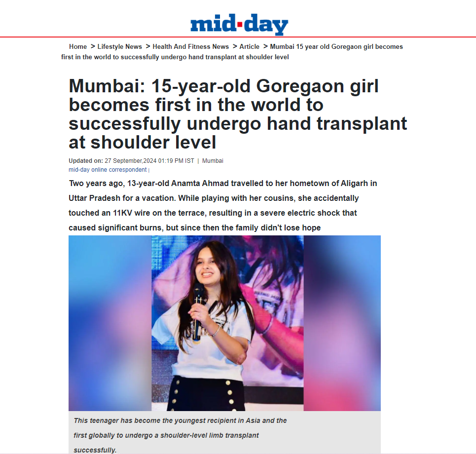 A 15-year-old Mumbai girl has become the youngest recipient in Asia and the first globally to successfully undergo a shoulder-level limb transplant.