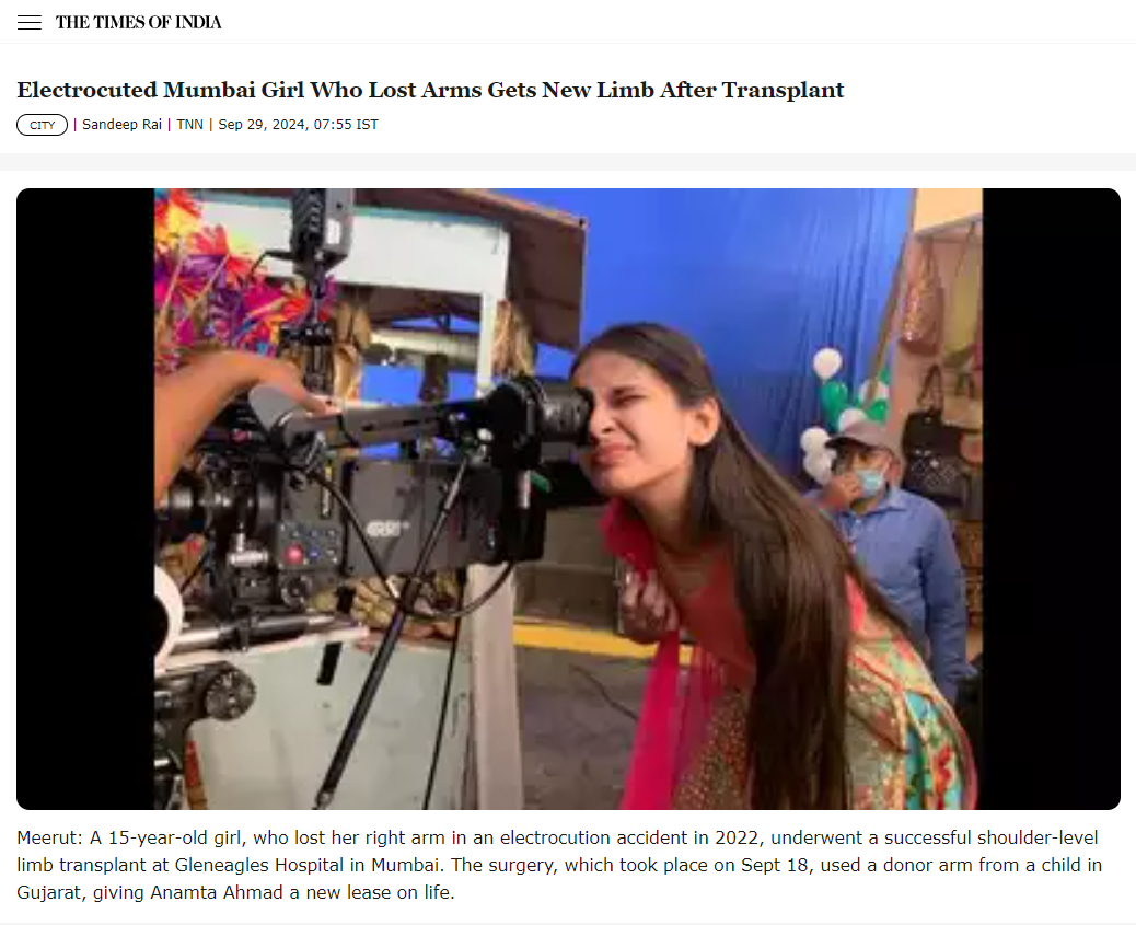 A 15-year-old Mumbai girl has become the youngest recipient in Asia and the first globally to successfully undergo a shoulder-level limb transplant.